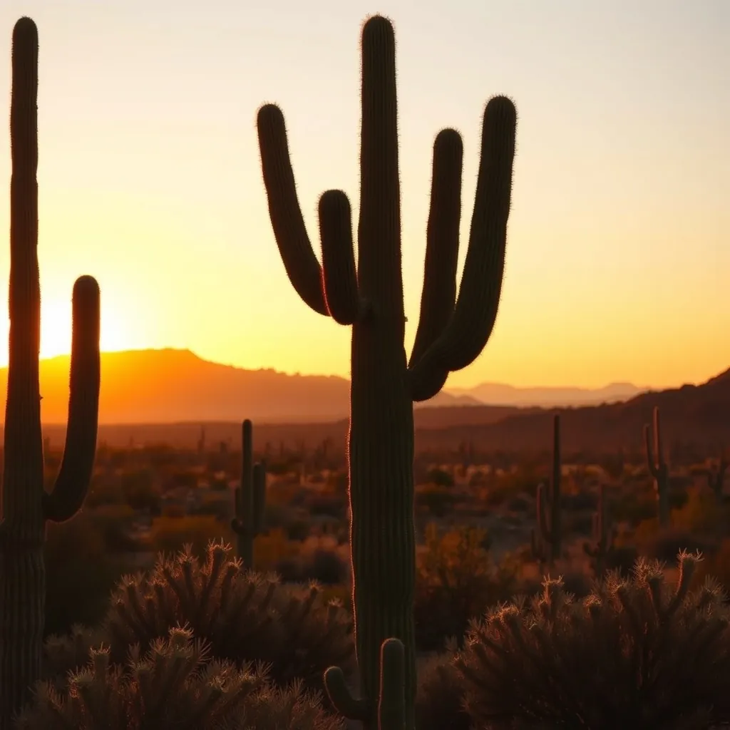 Saguaro cactus in Sonoran desert golden hour near Phoenix