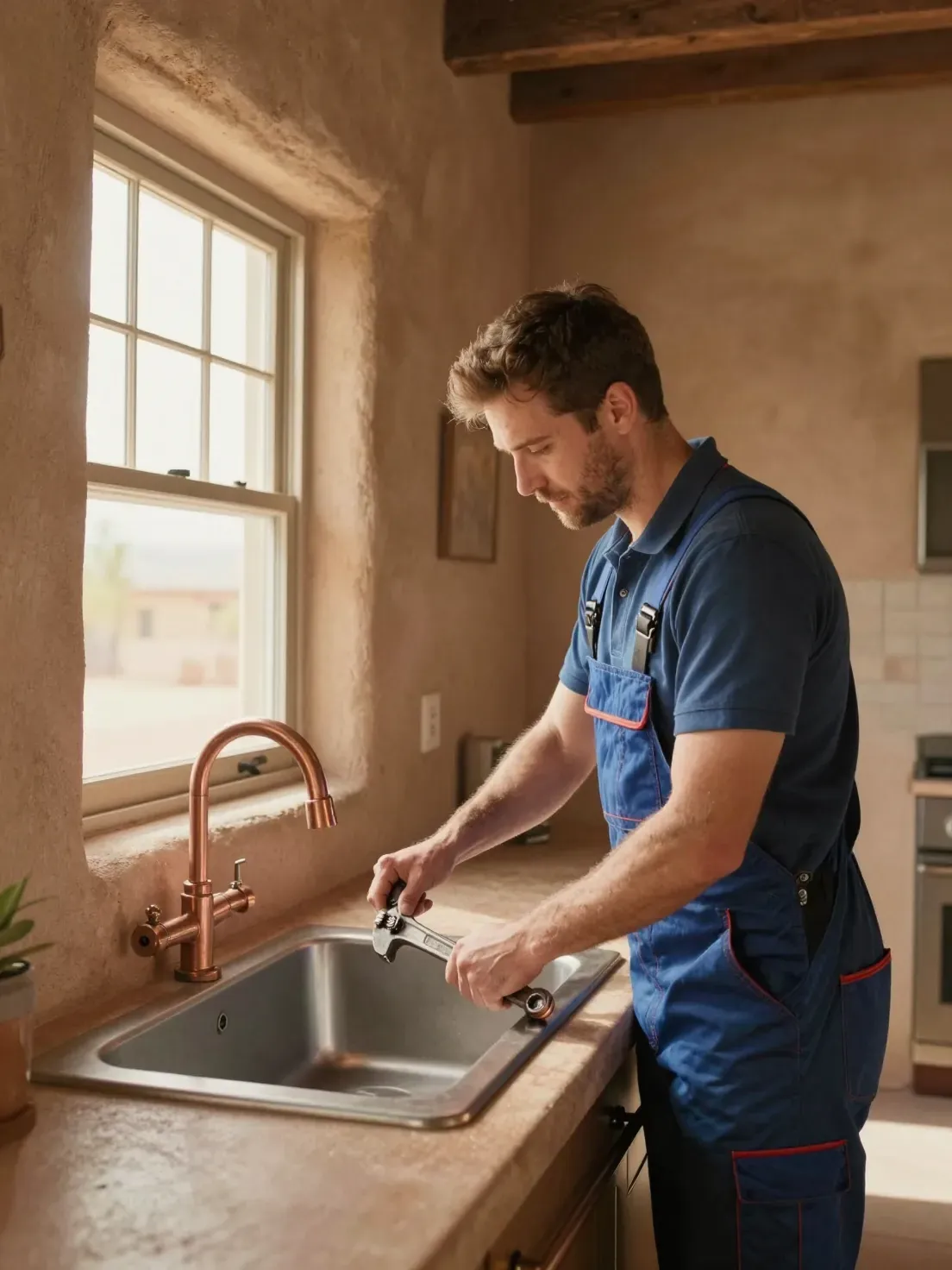 Fictional plumber working under a sink in a Phoenix adobe home with desert light