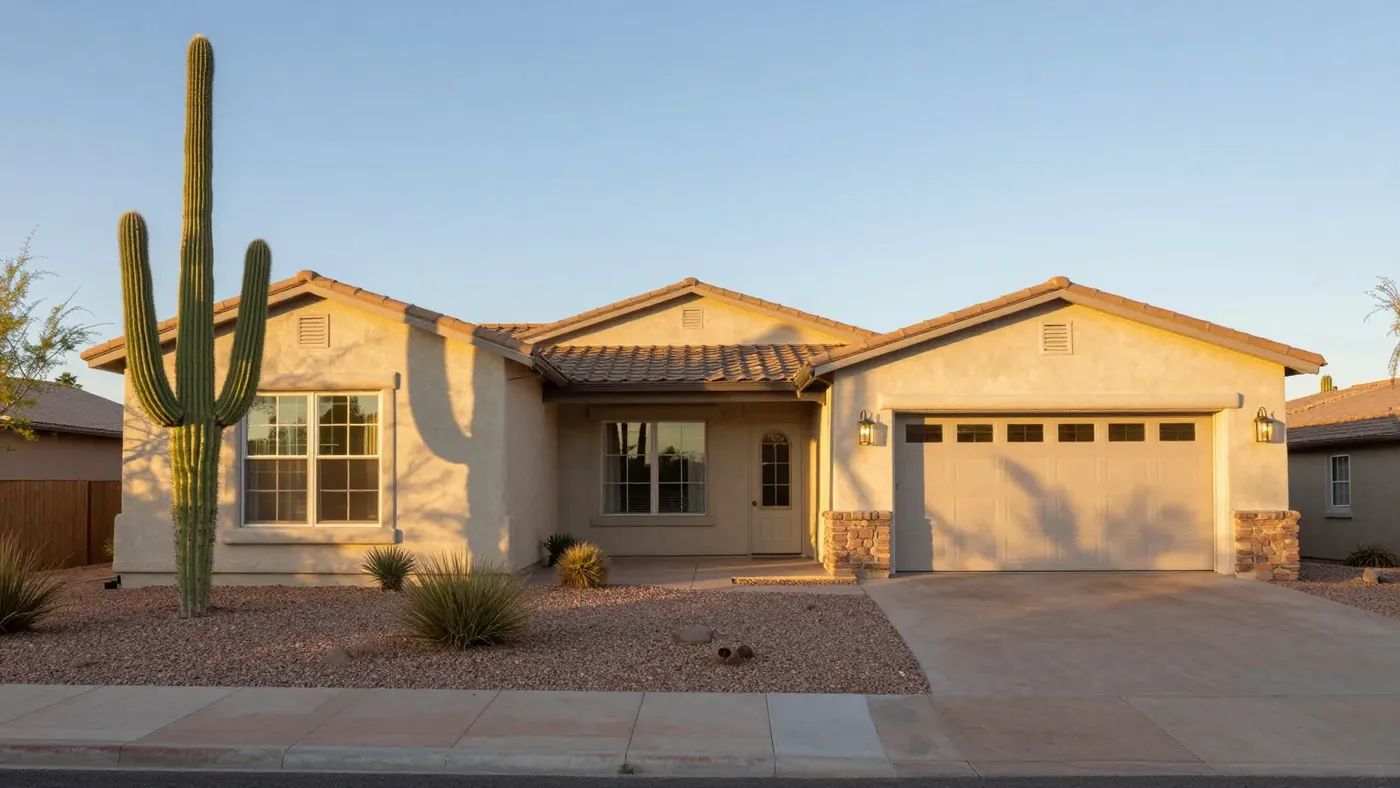 Beige stucco Phoenix home with desert gravel landscaping and saguaro